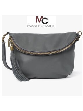 MASSIMO CASTELLI WOMEN NWT SAUVAGE GREY LEATHER CLUTCH W/SHOULDER STRAP